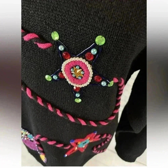 Vintage boho Western chic Cowboy Sweater Black beaded Jewel boots star Woman’s M - Picture 4 of 13
